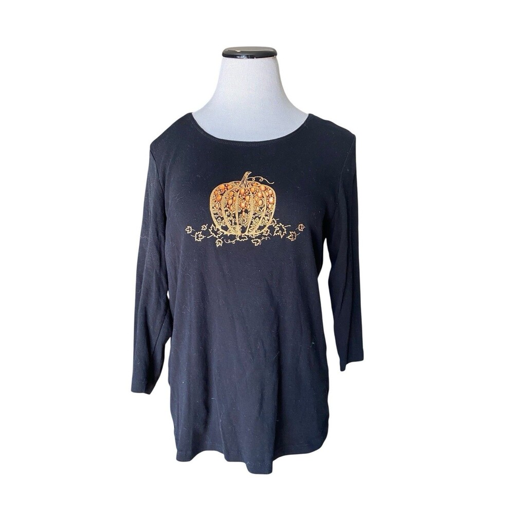 Karen Scott Halloween Rhinestone Pumpkin Top Size L‎ Black Fall Teacher Novelty